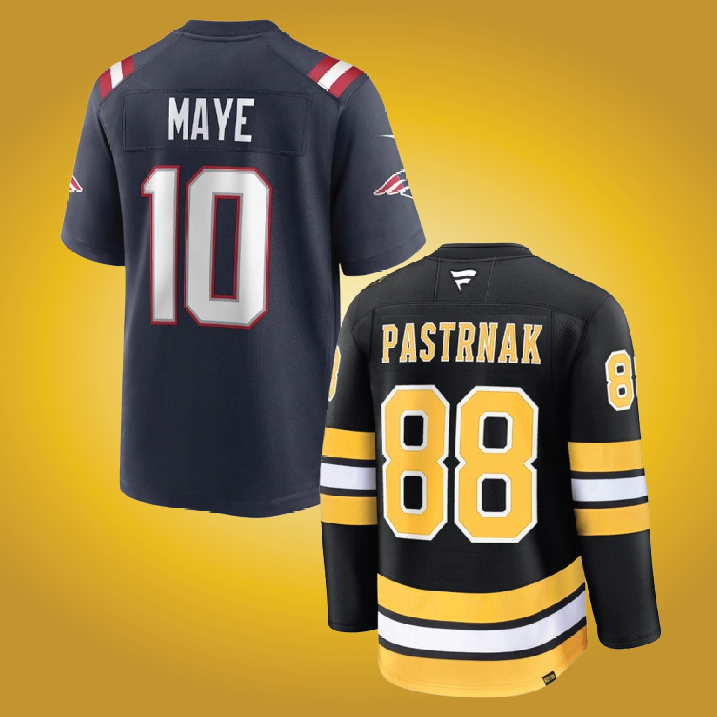 Image of a Drake Maye Patriots jersey and a David Pastrnak Bruins jersey